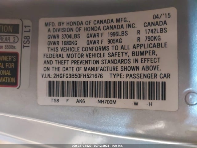 Honda Civic Lx 2015 2HGFG3B50FH521676 Image 9