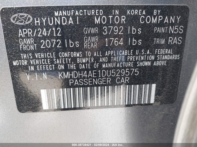 2013 HYUNDAI ELANTRA GLS (ULSAN PLANT) VIN: KMHDH4AE1DU529575