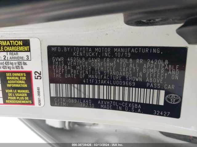 4T1F31AK4LU009669 Toyota Camry Xle Hybrid