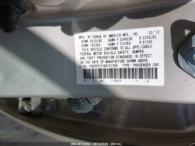 Honda ACCORD LX 2016 1HGCR2F37GA157398 Image 9