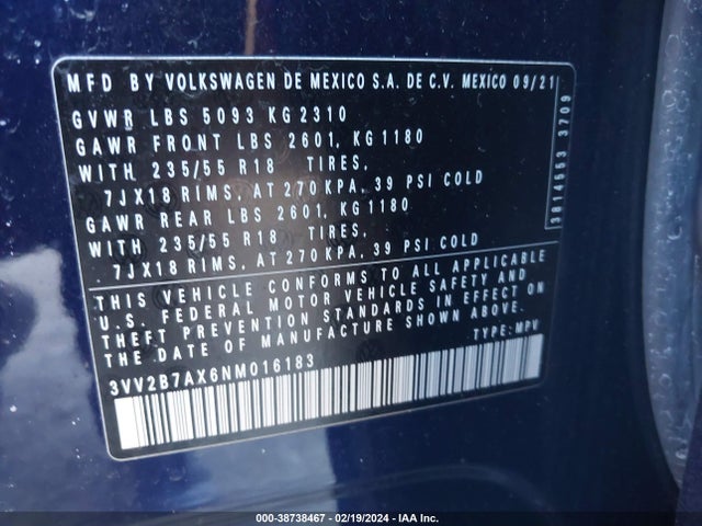 3VV2B7AX6NM016183 Volkswagen Tiguan 2.0t Se