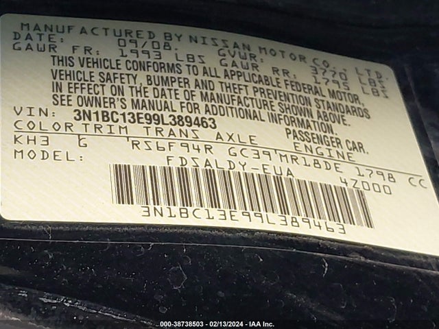 2009 NISSAN VERSA 1.8S VIN: 3N1BC13E99L389463