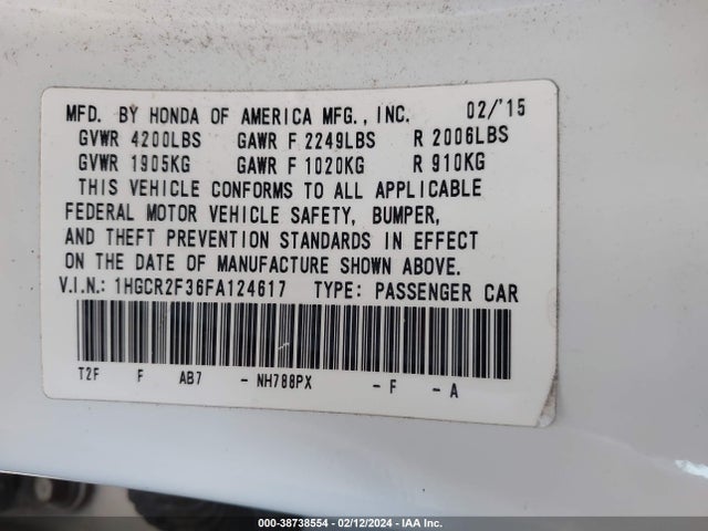 Honda ACCORD LX 2015 1HGCR2F36FA124617 Image 9