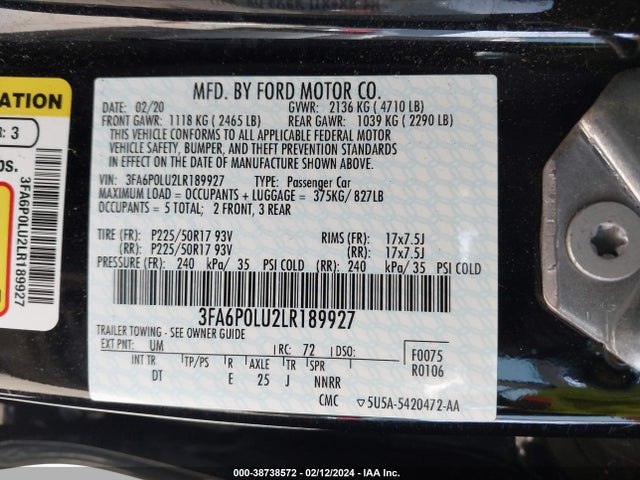 Ford Fusion Hybrid Se 2020 3FA6P0LU2LR189927 Image 9