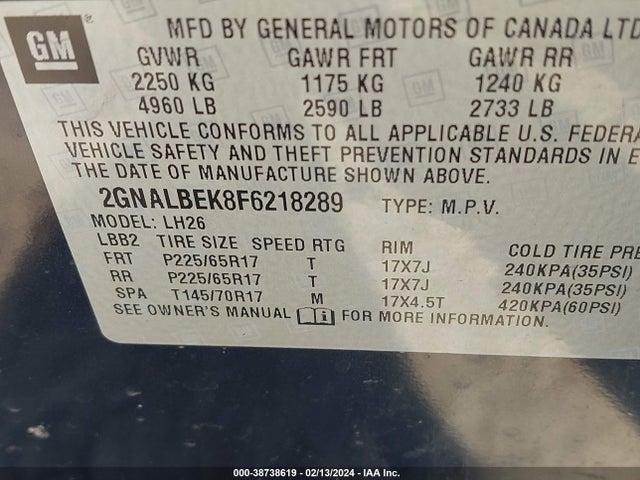 Chevrolet EQUINOX 1LT 2015 2GNALBEK8F6218289 Image 9