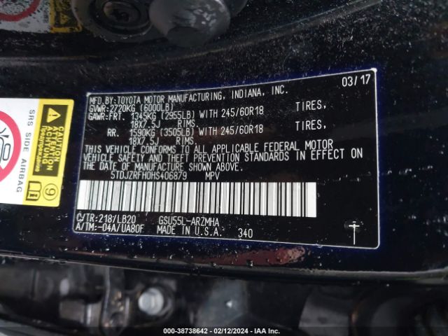 5TDJZRFH0HS406879 Toyota Highlander Xle