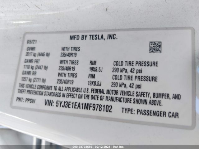 5YJ3E1EA1MF978102 Tesla Model 3 Standard Range Plus Rear-wheel Drive