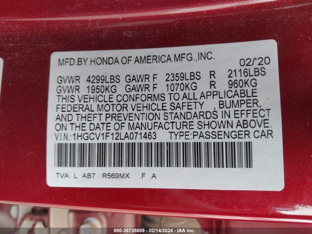 Honda ACCORD LX 2020 1HGCV1F12LA071463 Image 9