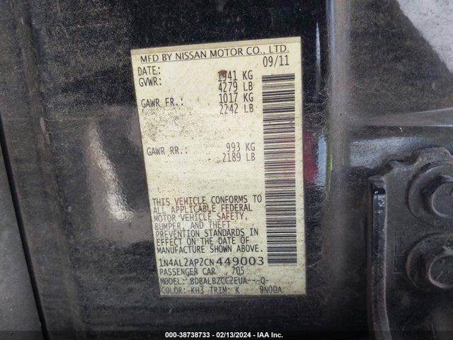 2012 NISSAN ALTIMA 2.5 S VIN: 1N4AL2AP2CN449003
