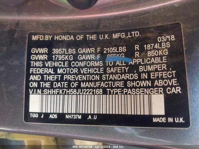Honda CIVIC EX 2018 SHHFK7H58JU222168 Image 9