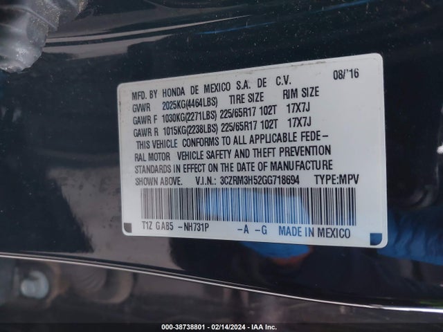 Honda CR-V EX 2016 3CZRM3H52GG718694 Image 9