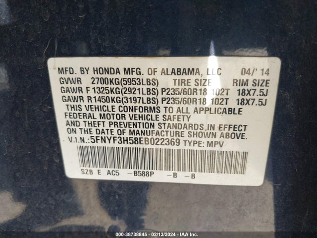Honda Pilot Ex-l 2014 5FNYF3H58EB022369 Image 9