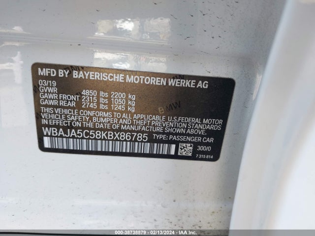 BMW 530I 2019 WBAJA5C58KBX86785 Image 9