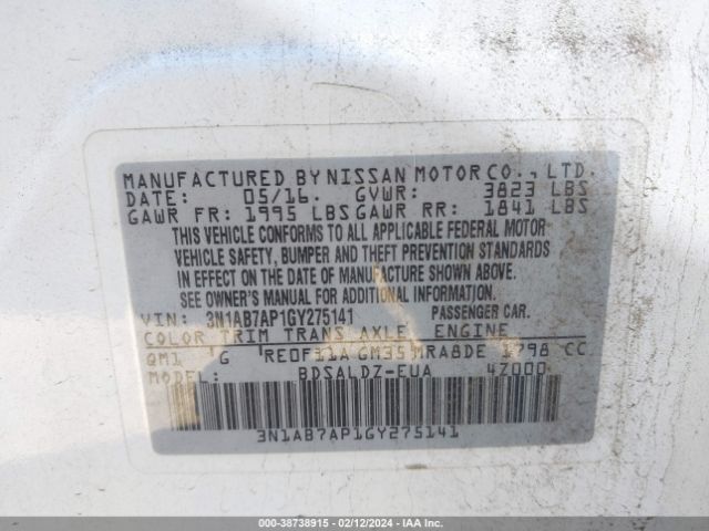 3N1AB7AP1GY275141 Nissan Sentra Fe+ S/s/sl/sr/sv