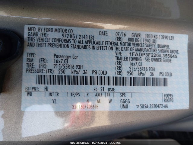 Ford FOCUS SE 2016 1FADP3F22GL355645 Image 9