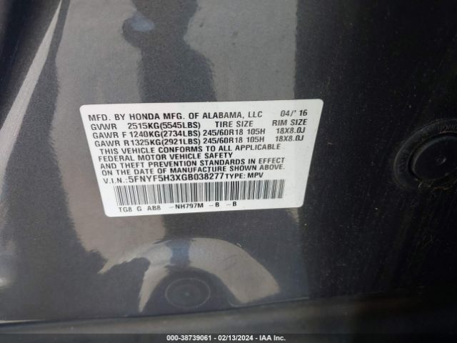 5FNYF5H3XGB038277 Honda Pilot Ex