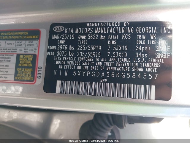 KIA Sorento 3.3l S 2019 5XYPGDA56KG584557 Image 9