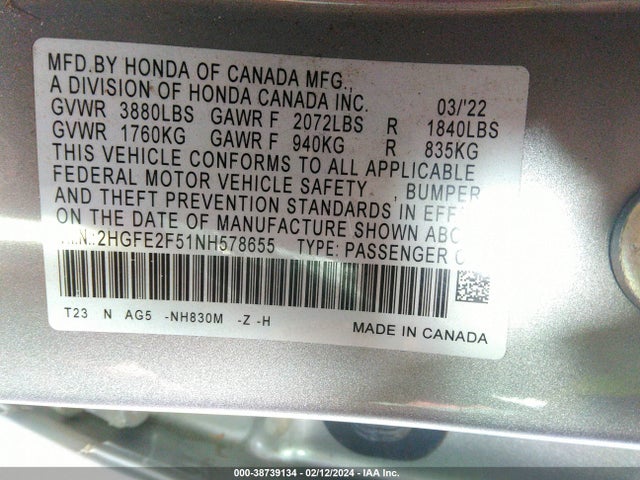 Honda Civic Sport 2022 2HGFE2F51NH578655 Image 9