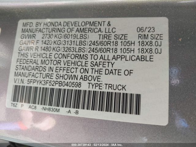 5FPYK3F52PB040598 Honda Ridgeline Rtl