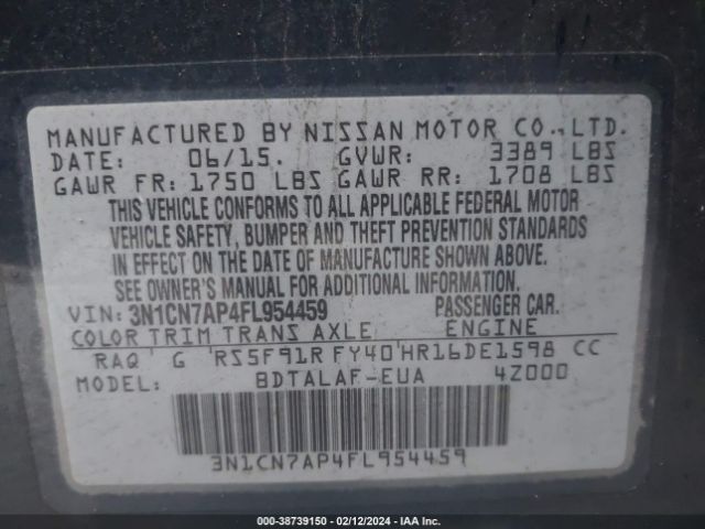 3N1CN7AP4FL954459 Nissan Versa 1.6 S