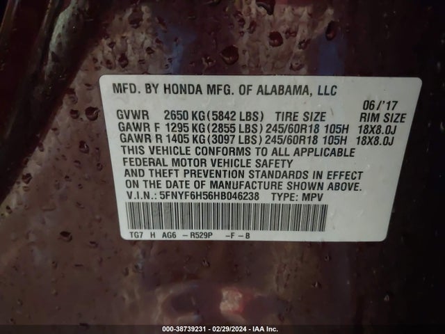 Honda Pilot Ex-l 2017 5FNYF6H56HB046238 Image 9