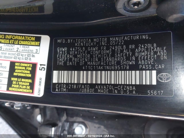 Toyota CAMRY LE 2022 4T1C11AK1NU695178 Image 9