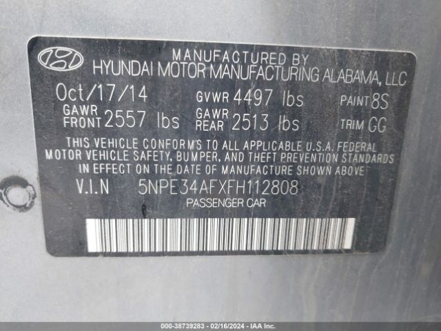 2015 HYUNDAI SONATA SPORT VIN: 5NPE34AFXFH112808