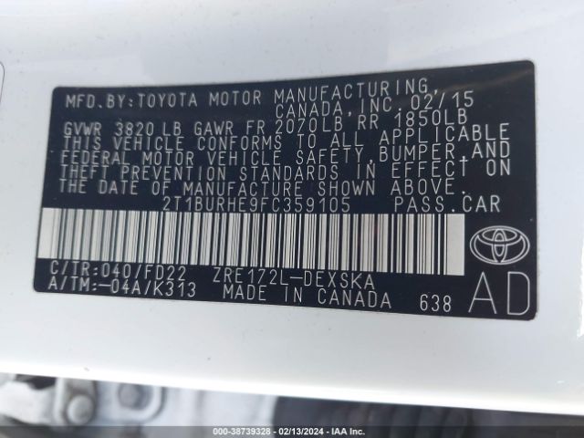 2T1BURHE9FC359105 Toyota Corolla S Plus