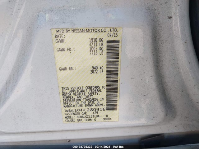 Nissan Altima 2.5 S 2015 1N4AL3AP4FC280916 Image 9
