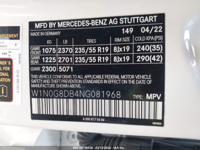 W1N0G8DB4NG081968 Mercedes-Benz Glc 300 Suv