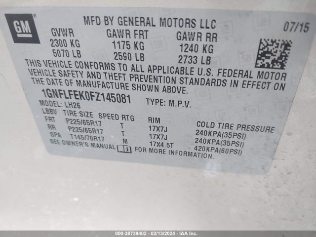 Chevrolet EQUINOX 1LT 2015 1GNFLFEK0FZ145081 Image 9