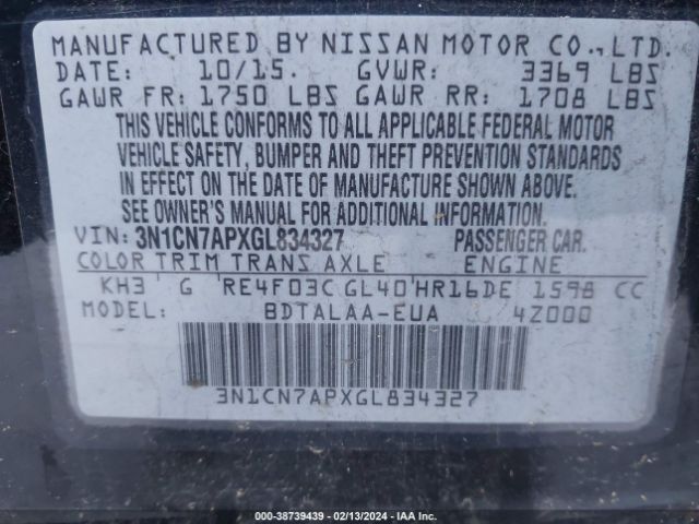 3N1CN7APXGL834327 Nissan Versa 1.6 S
