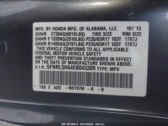 Honda Odyssey Ex-l 2014 5FNRL5H64EB045309 Image 9