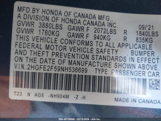 Honda Civic Sport 2022 2HGFE2F59NH536699 Image 9