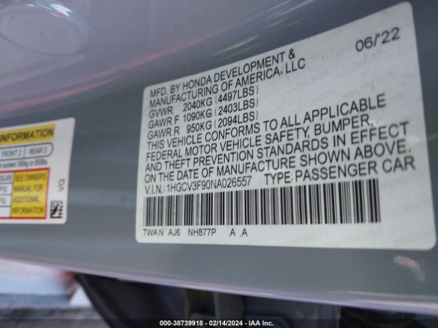 1HGCV3F90NA026557 Honda Accord Hybrid Touring