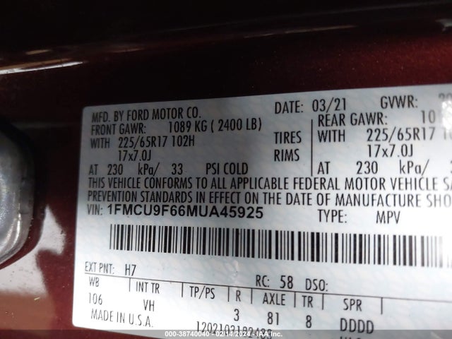 Ford ESCAPE S 2021 1FMCU9F66MUA45925 Image 9