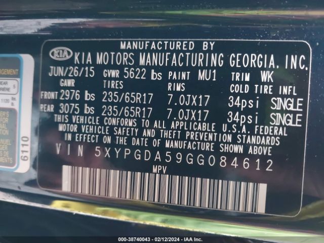 5XYPGDA59GG084612 KIA Sorento 3.3l Lx