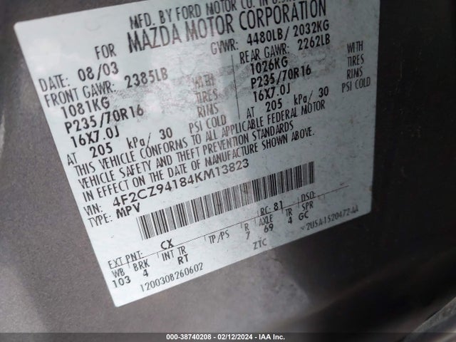 2004 MAZDA TRIBUTE LX V6 VIN: 4F2CZ94184KM13823