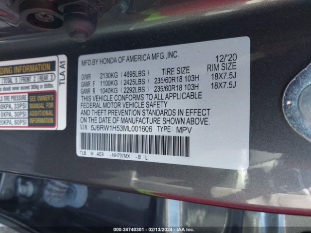 5J6RW1H53ML001606 Honda Cr-v 2wd Ex