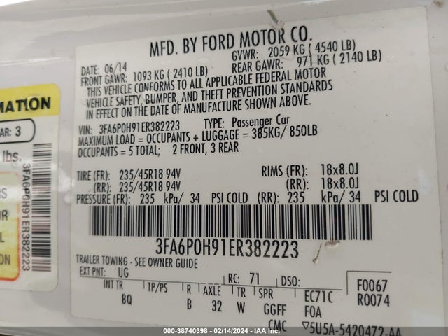 Ford FUSION SE 2014 3FA6P0H91ER382223 Image 9