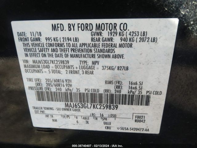 MAJ6S3GL7KC259839 Ford Ecosport Se