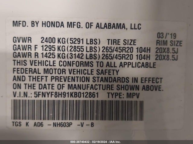 Honda Passport Touring 2019 5FNYF8H91KB012861 Image 9