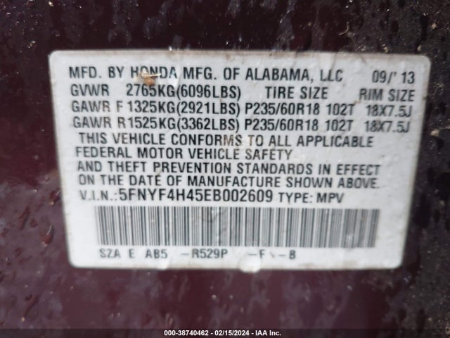 Honda Pilot Ex 2014 5FNYF4H45EB002609 Image 9