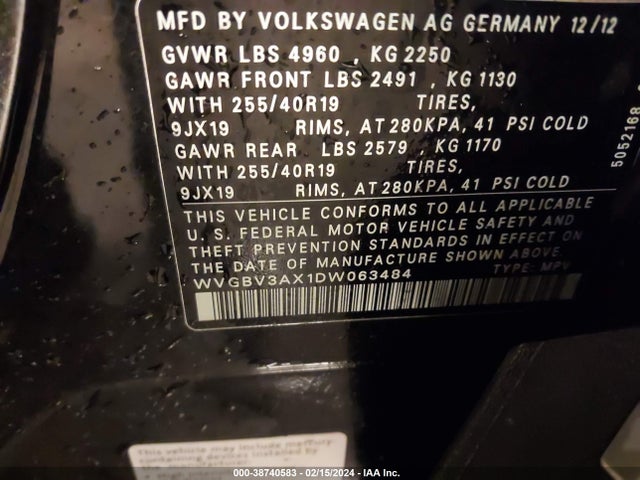 2013 VOLKSWAGEN TIGUAN SEL VIN: WVGBV3AX1DW063484