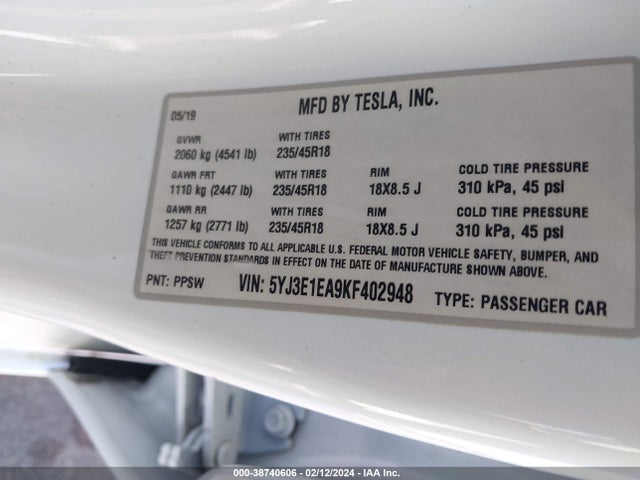 Tesla Model 3 Long Range/mid Range/standard Range/standard Range Plus 2019 5YJ3E1EA9KF402948 Image 9