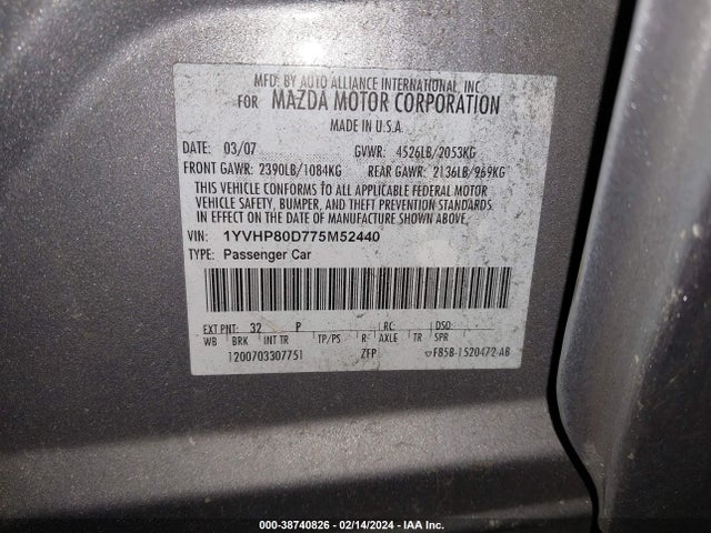 2007 MAZDA MAZDA6 S SPORT VE VIN: 1YVHP80D775M52440