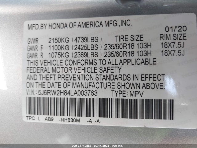Honda Cr-v Awd Ex-l 2020 5J6RW2H84LA003763 Image 9