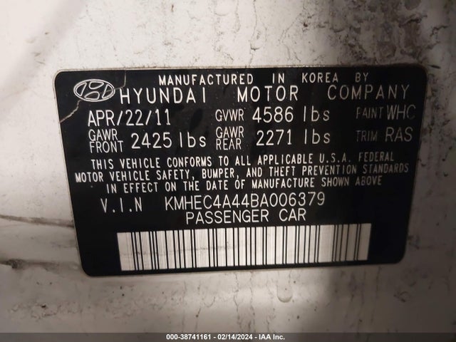 2011 HYUNDAI SONATA HYBRID VIN: KMHEC4A44BA006379