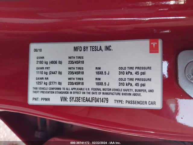Tesla Model 3 Long Range/mid Range 2018 5YJ3E1EA4JF041479 Image 9
