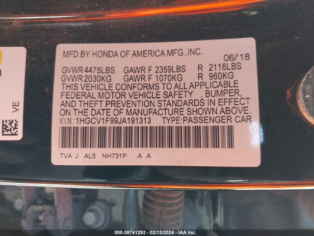 Honda Accord Touring 2018 1HGCV1F99JA191313 Image 9